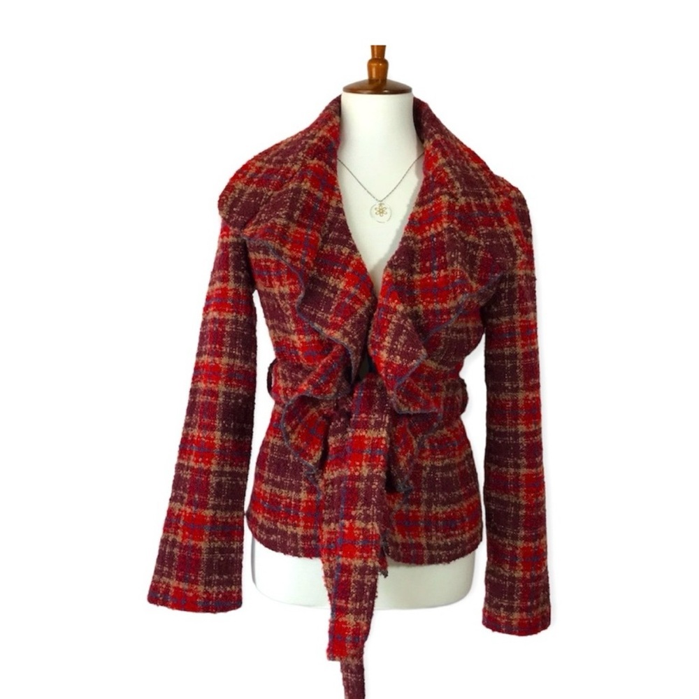 Tabitha Ruffle Trim Tie Close Blazer Red Plaid 8 Anthropologie. Fits like a 6